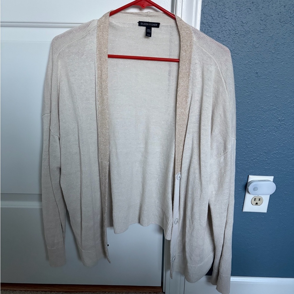 Eileen Fisher Cream Linen Cardigan Sweater Size L